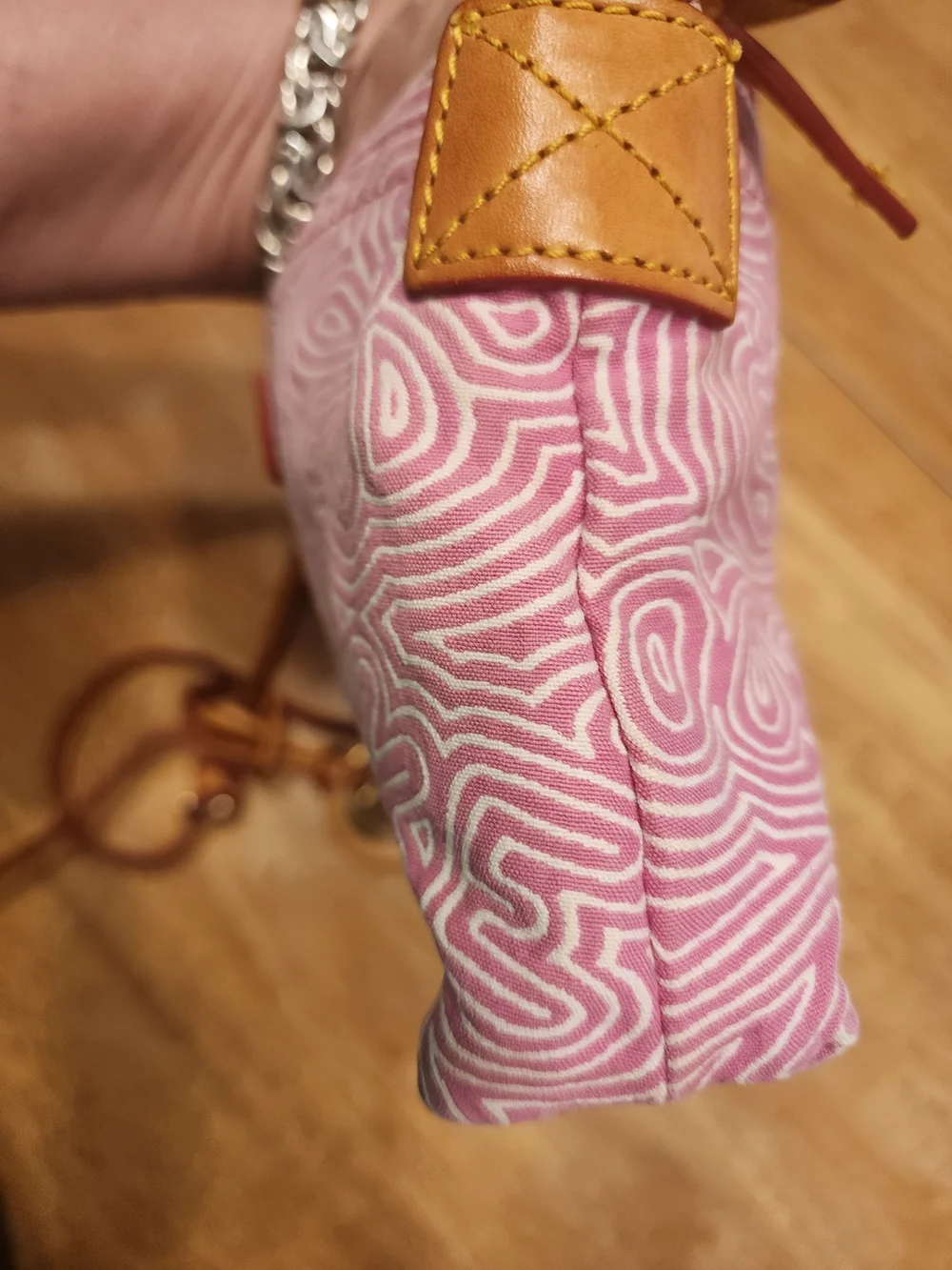Dooney & Bourke pink doodle swirl canvas mini shoulder bag featuring tan leather